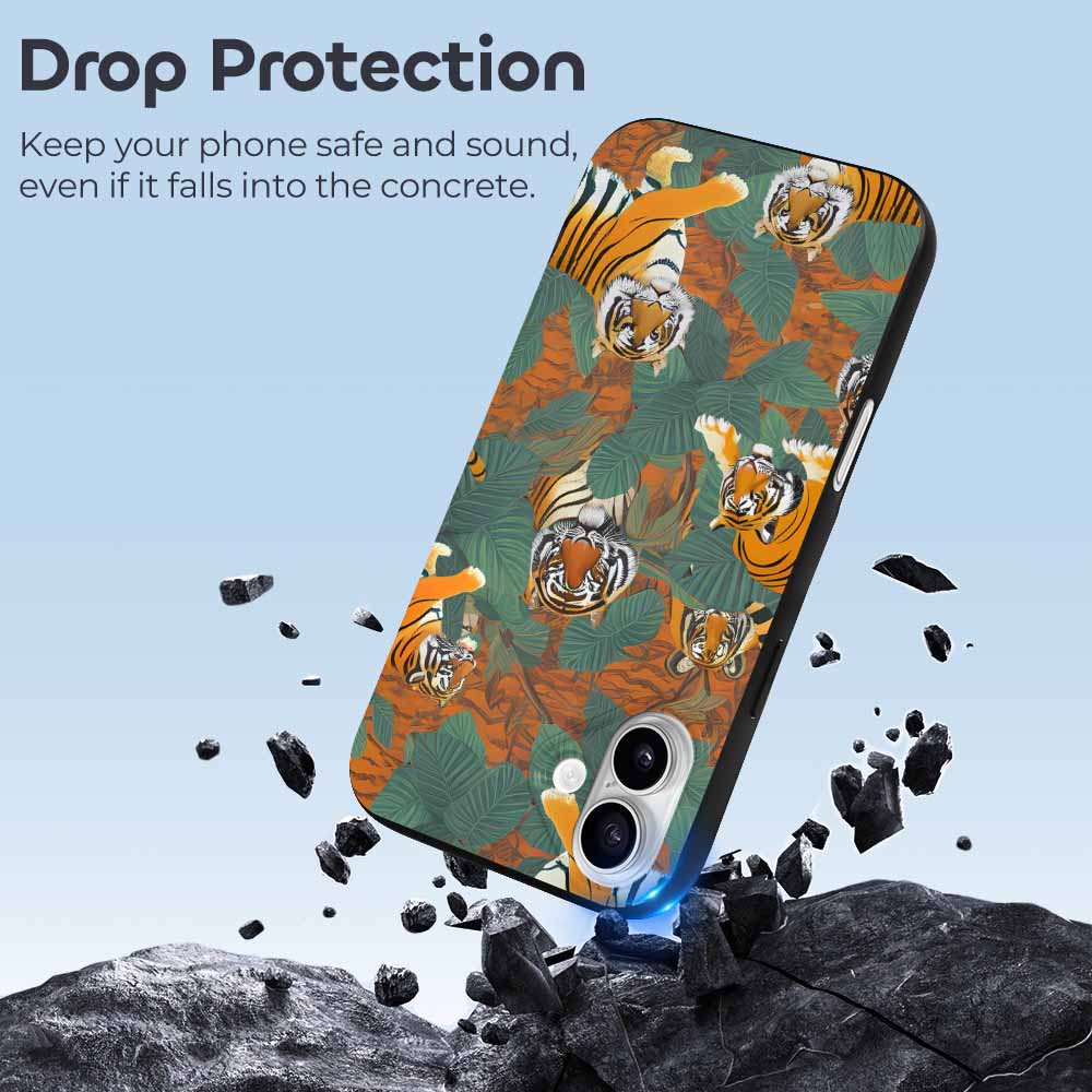 iPhone 16 series case, tiger pattern, TPU material, drop protection, stylish.