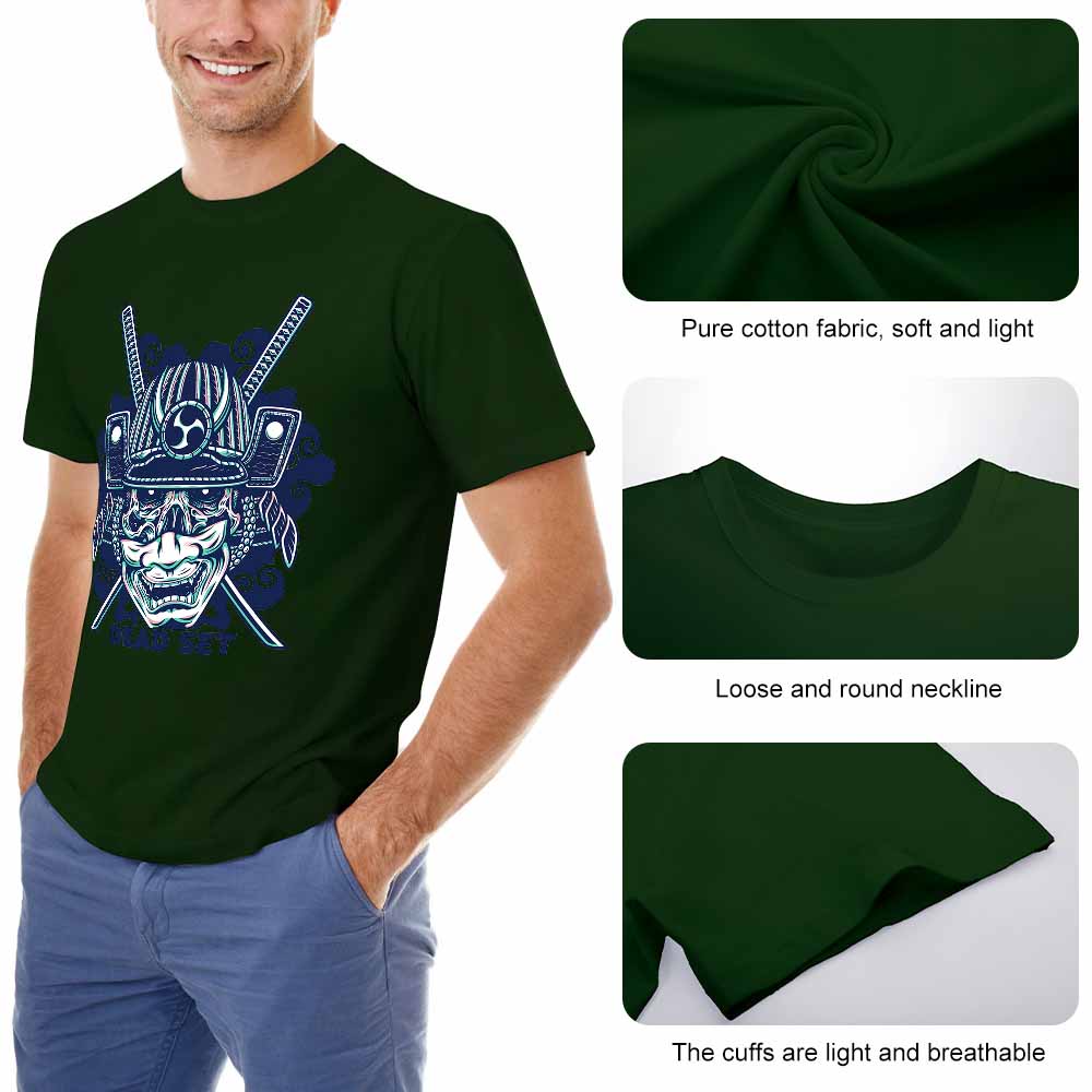Dark green cotton men's samurai skull T-shirt, soft fabric and breathable, perfect for leisure.