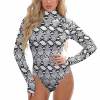 Women's snakeskin print bodysuit with high neck and long sleeves. Polyester-spandex blend, stylish and versatile.