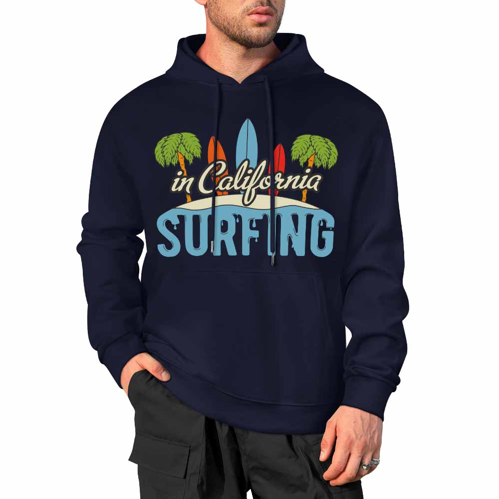 Navy blue cotton hoodie with California Surfing graphic, loose fit design