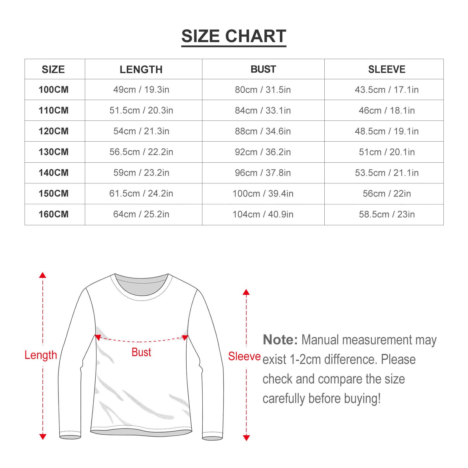 Boy's pajama size chart with measurements in cm and inches, including length, bust, sleeve, and pant length.