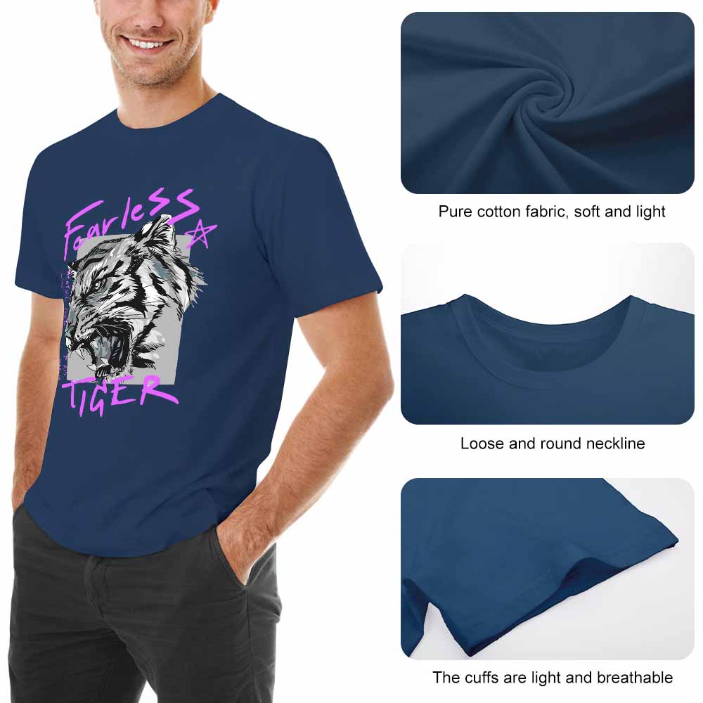 Men's dark blue cotton T-shirt with Fearless Tiger graphic print, collection. Pure cotton fabric, soft touch.
