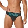Men's black and blue swimming trunks, made of polyester and spandex, featuring a tight fit design for swimming.