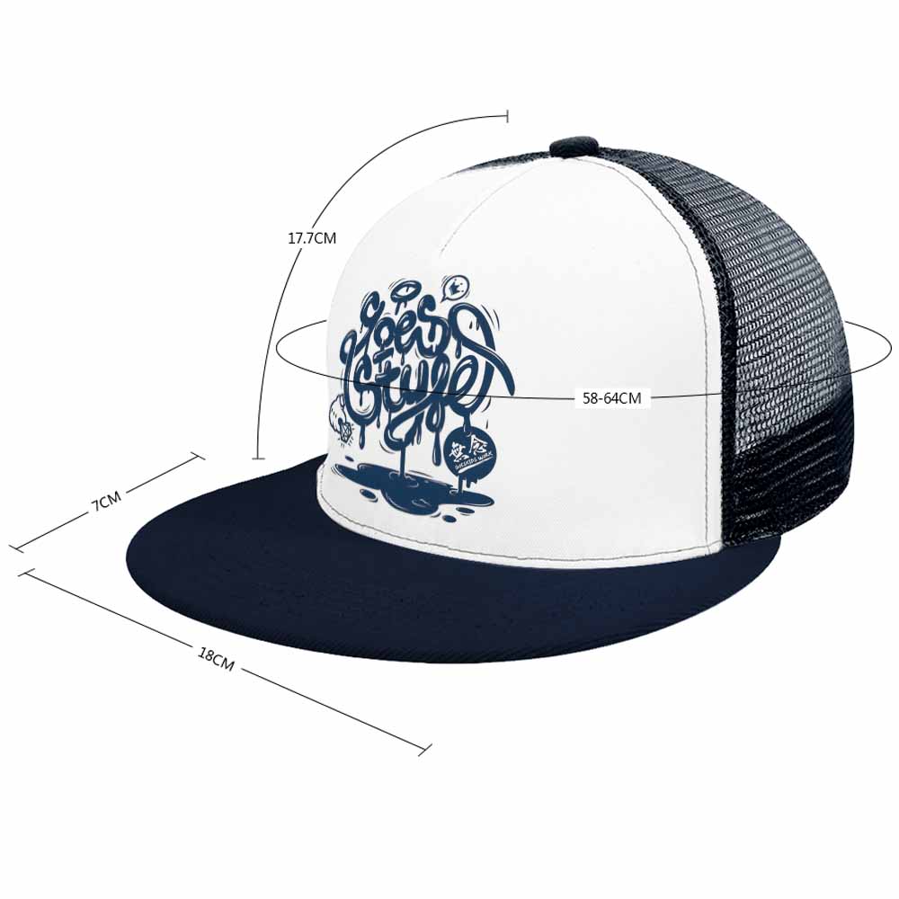 Navy and white baseball cap with graphic design, hollow mesh back, fashionable headwear