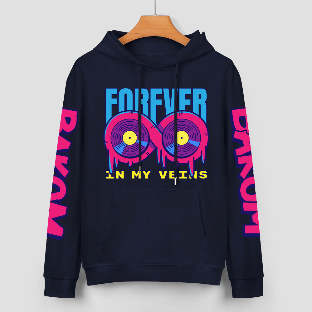 Navy blue cotton hoodie with 'FOREVER' donut graphic, 'DAKUM' and 'CHRONM' sleeve prints, youth fashion style