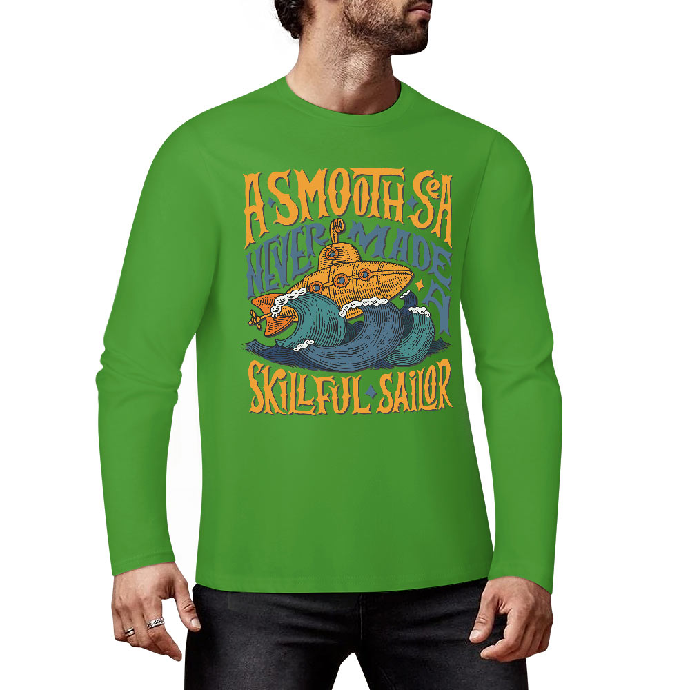 Green pure cotton long sleeve T-shirt featuring ASMODUS Shark Attack graphic, casual wear