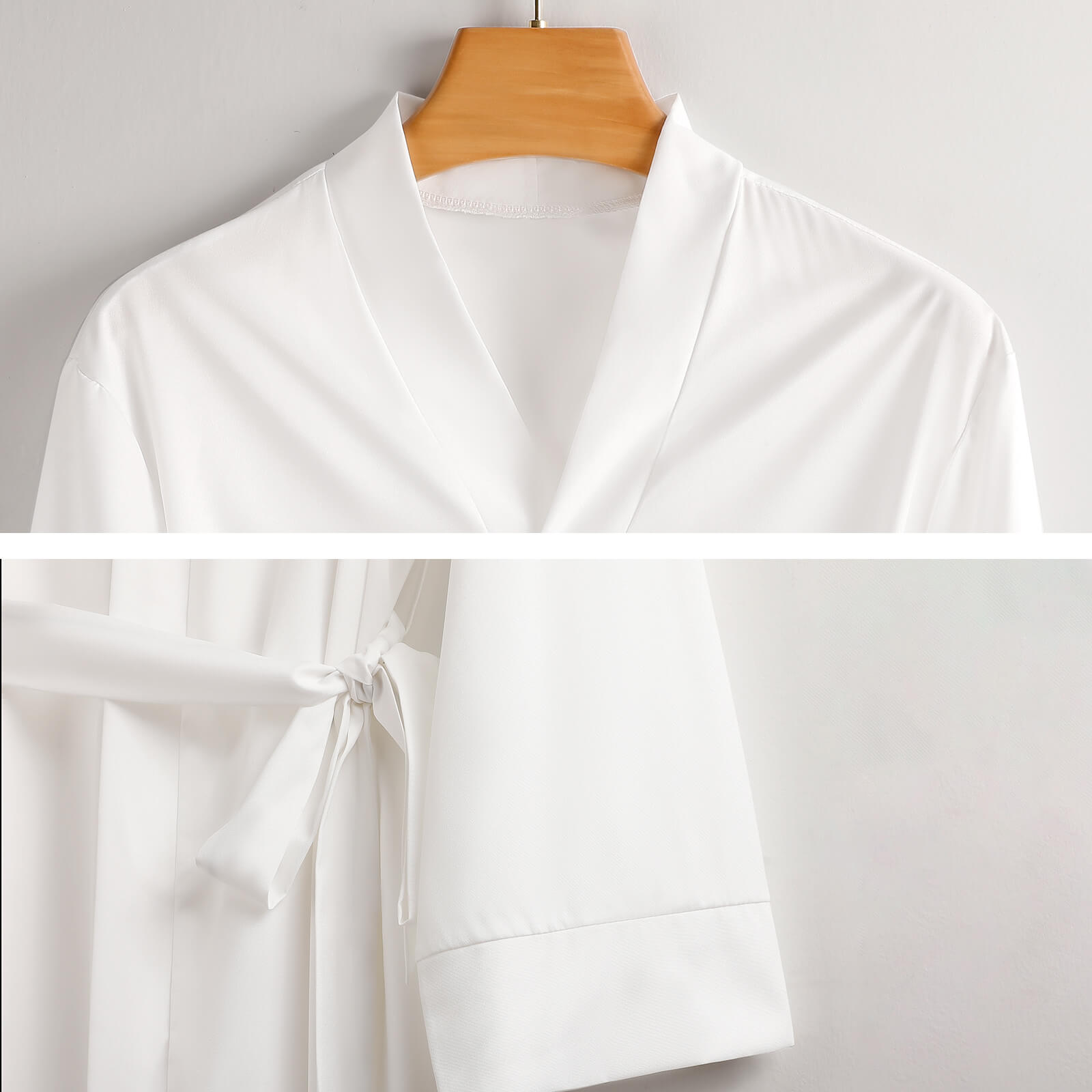 White ladies' long sleeve belted robe, perfect for home wear, made of soft 100% polyester.