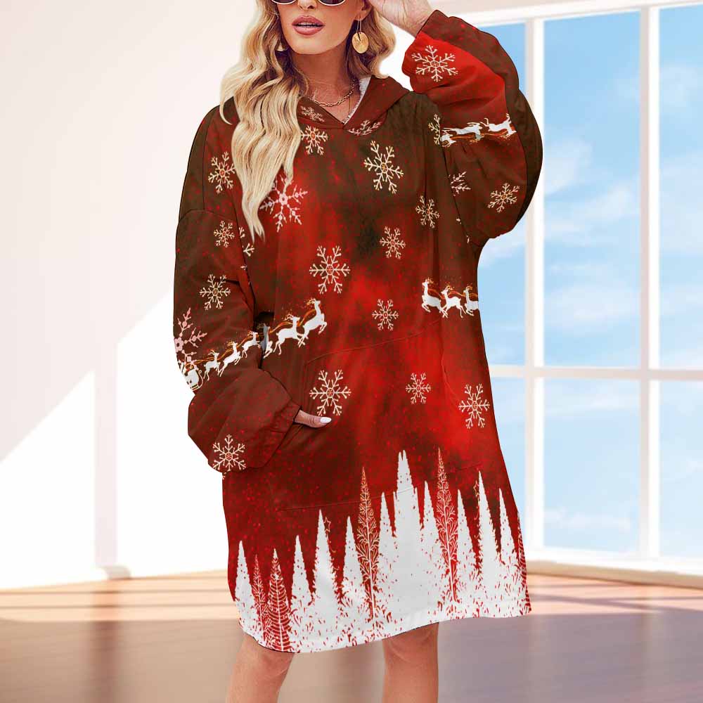 Red and white Women's Hooded Blanket Shirt with snowflake and forest pattern, oversized polyester blanket sweater