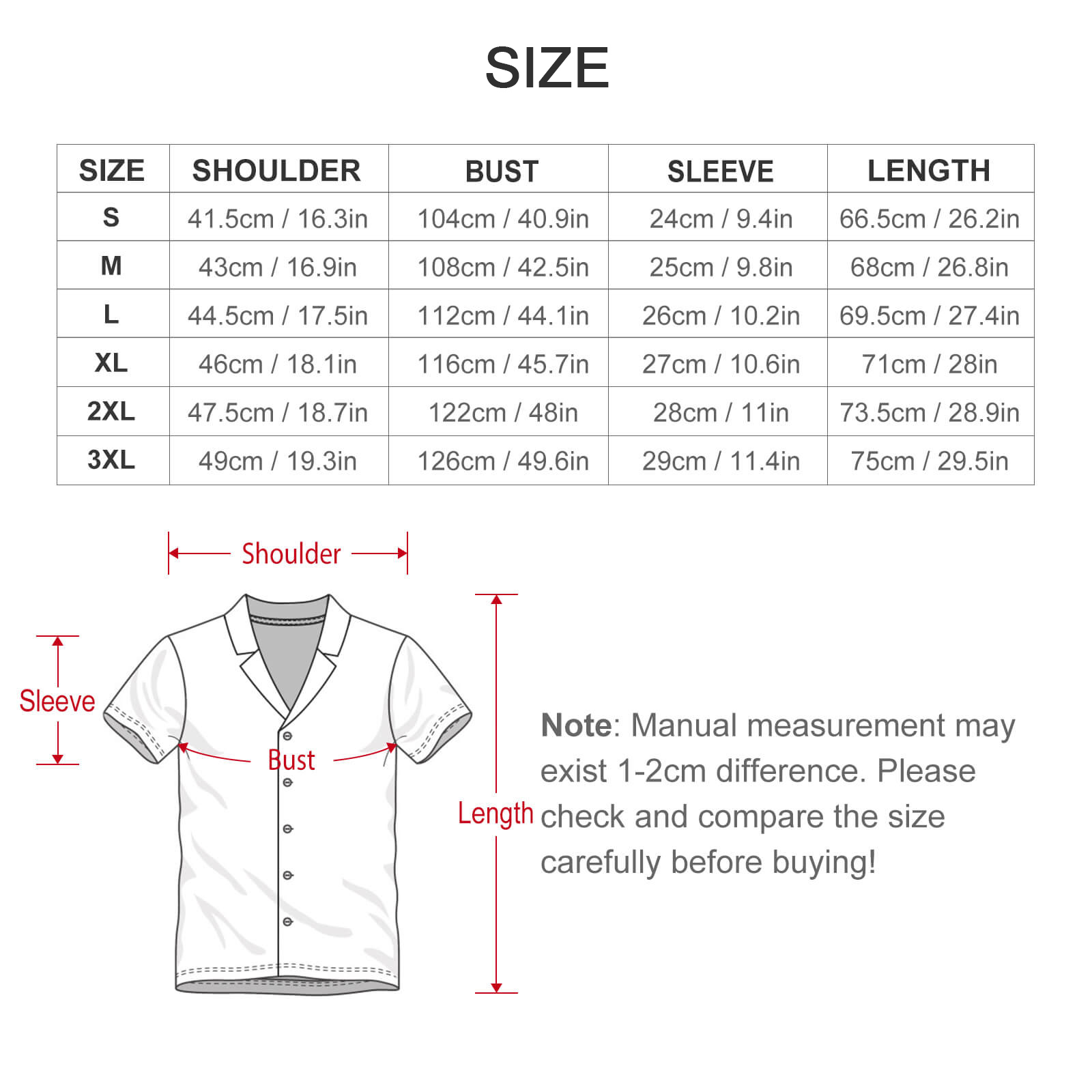 Men's ice silk pajama set size chart with measurements in centimeters and inches, including shirt diagram