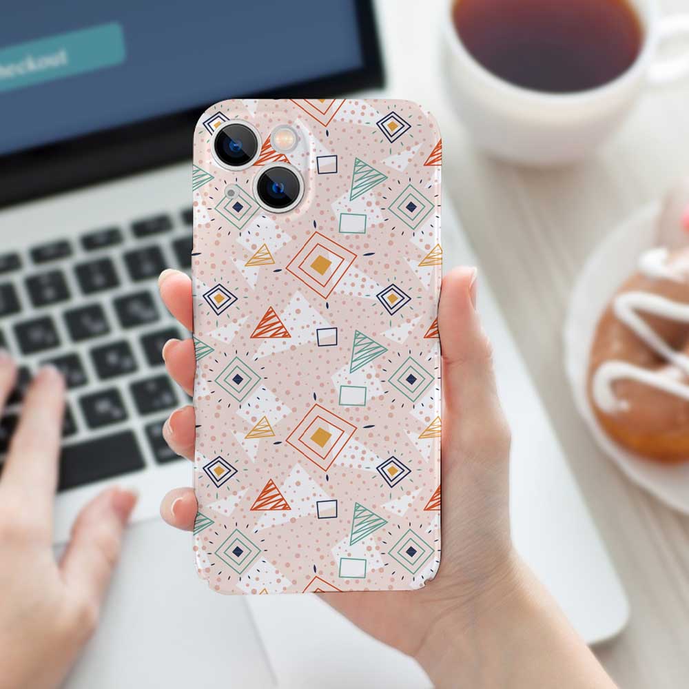 iPhone 13 case with colorful geometric pattern on a laptop. PC plastic phone protector.