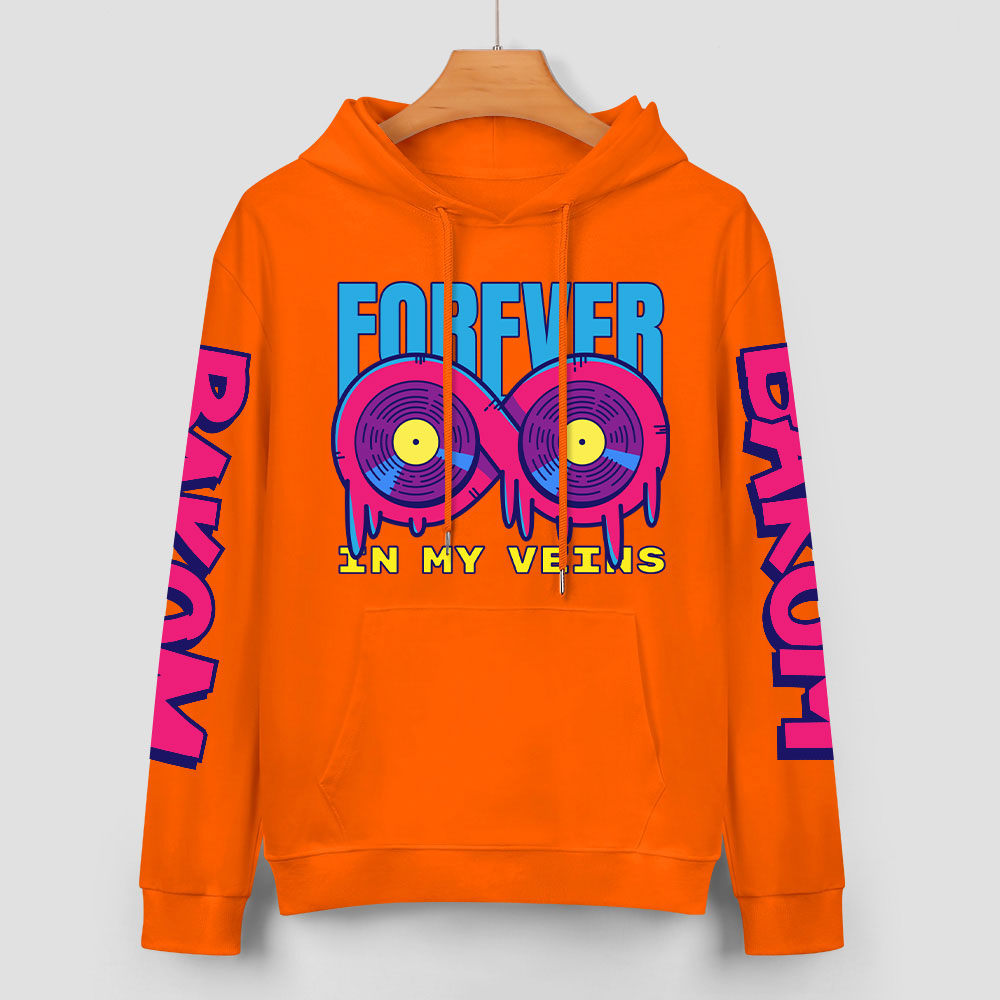 Orange cotton hoodie with 'FOREVER 99' donut graphic and sleeve prints, youth fashion.