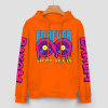 Orange cotton hoodie with 'FOREVER 99' donut graphic and sleeve prints, youth fashion.