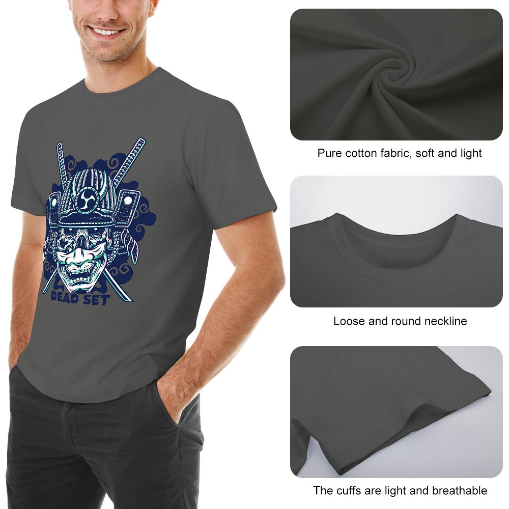 Dark gray cotton men's samurai skull T-shirt, soft and breathable, ideal for leisure and events.