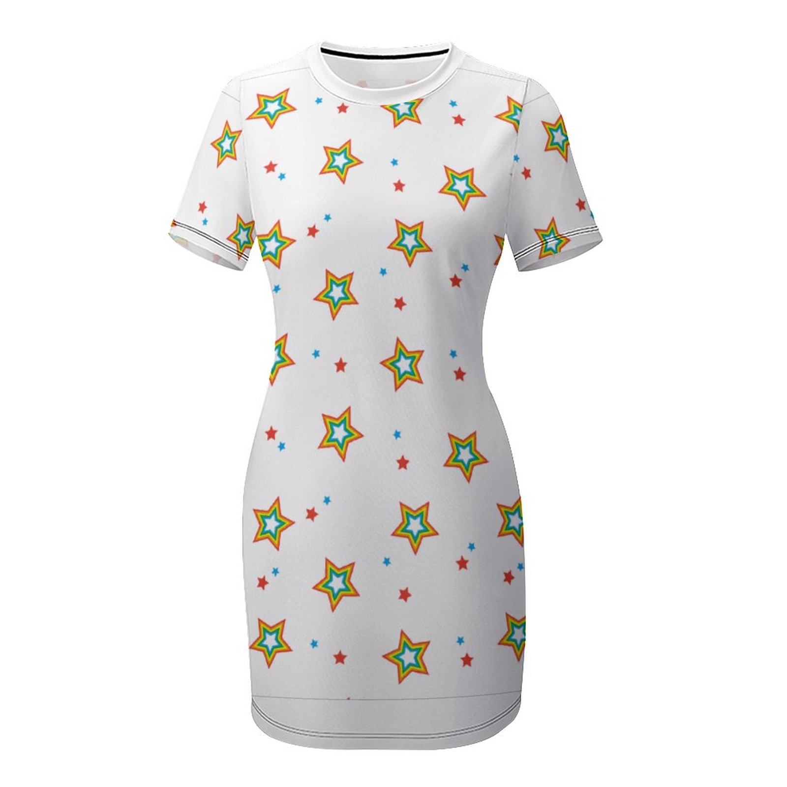 White crew neck short sleeve star print dress, perfect for casual wear and summer