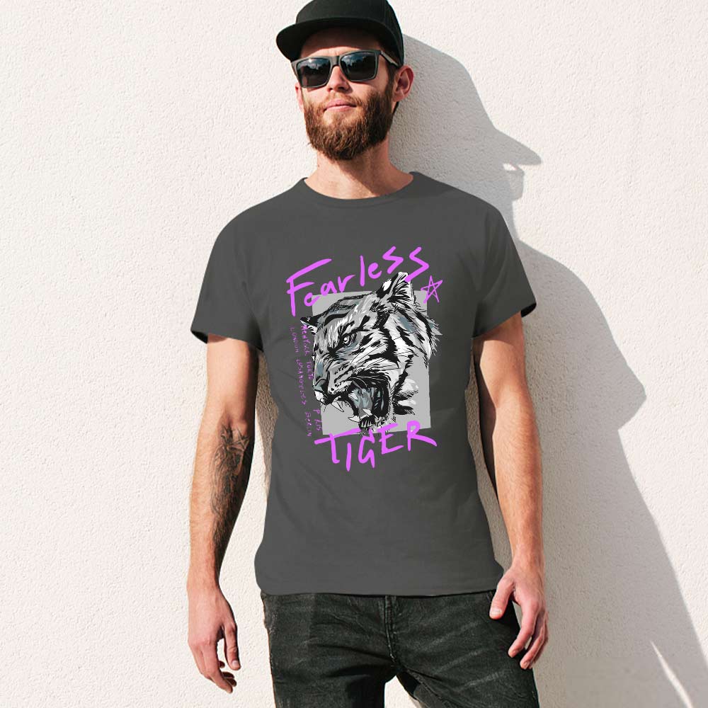 Men's gray cotton Fearless Tiger graphic T-shirt, collection. 100% cotton, front view.