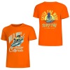 Orange pure cotton short-sleeved T-shirt with surfing print, front and back view, California summer fashion.