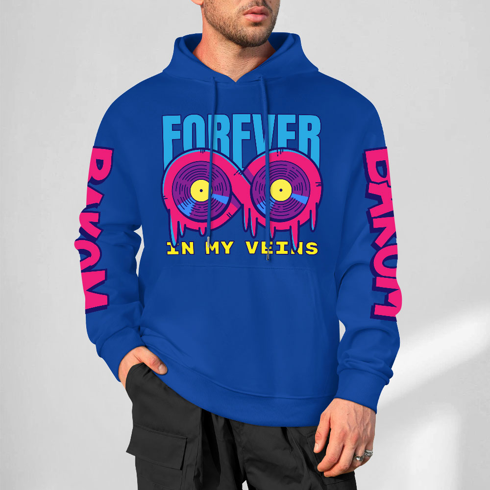 Blue cotton hoodie with 'FOREVER 99' donut graphic, DAKUM and CHRONM sleeve prints, youth fashion style