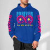 Blue cotton hoodie with 'FOREVER 99' donut graphic, DAKUM and CHRONM sleeve prints, youth fashion style