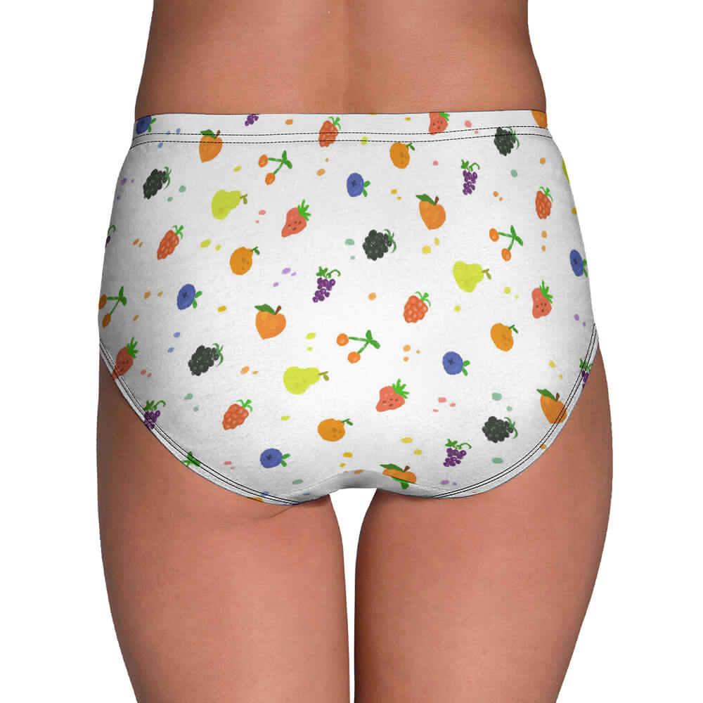 Women's white polyester underwear with colorful patterns, comfortable elastic waistband, everyday wear.