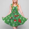 Holiday green dress with reindeer print and "MERRY DOOM" text.