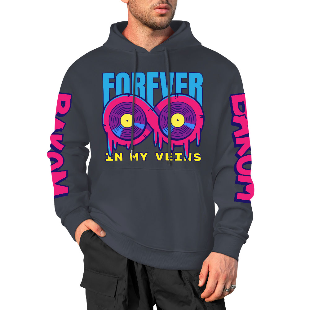 Dark grey cotton hoodie with 'FOREVER 99' donut graphic and sleeve prints, youth fashion style.