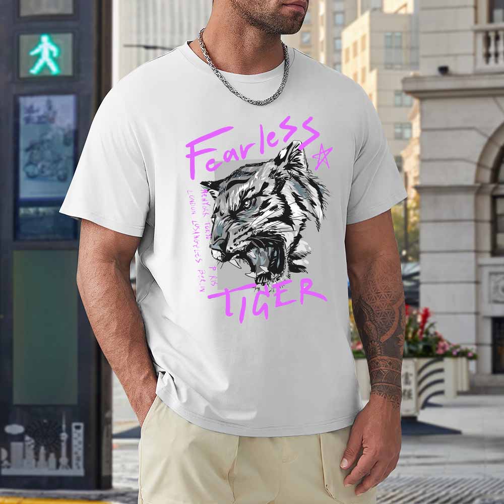 White 100% cotton men's Fearless Tiger T-shirt with graphic print,  collection.