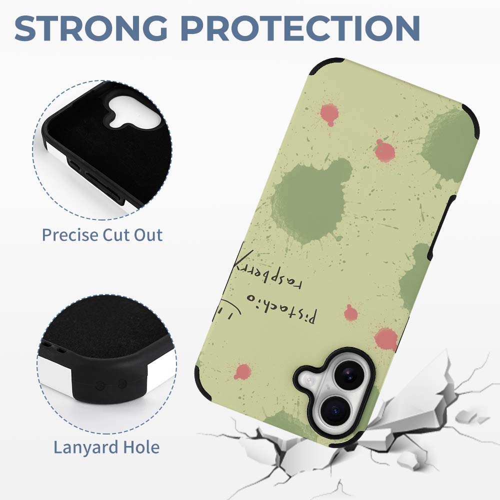 iPhone 16 fiber skin case with abstract green pattern and the text 'Everything's amazing', protective cover.