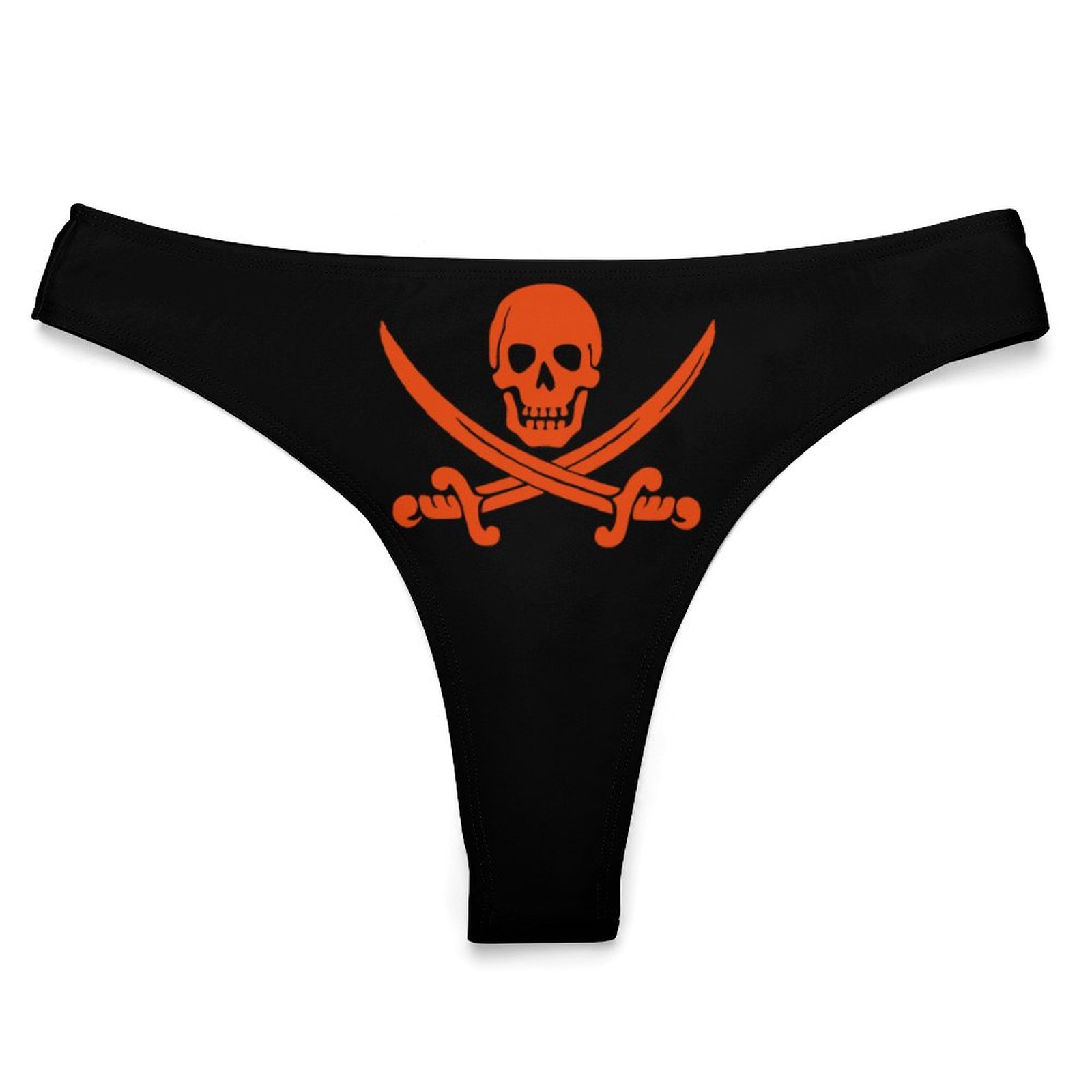 Black swimwear thong with orange skull and crossbones design, perfect for swimming