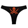Black swimwear thong with orange skull and crossbones design, perfect for swimming