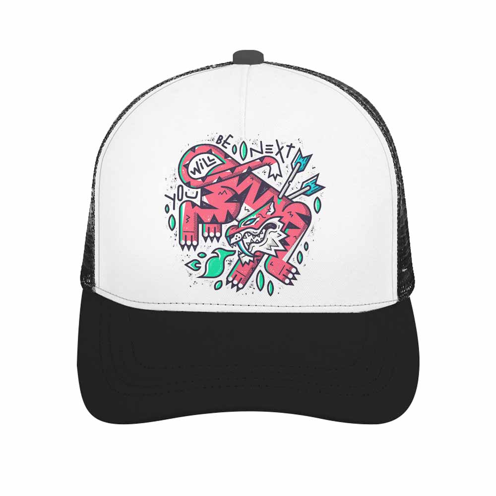 Black and white baseball cap with unique pink graphic design and mesh back