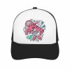 Black and white baseball cap with unique pink graphic design and mesh back