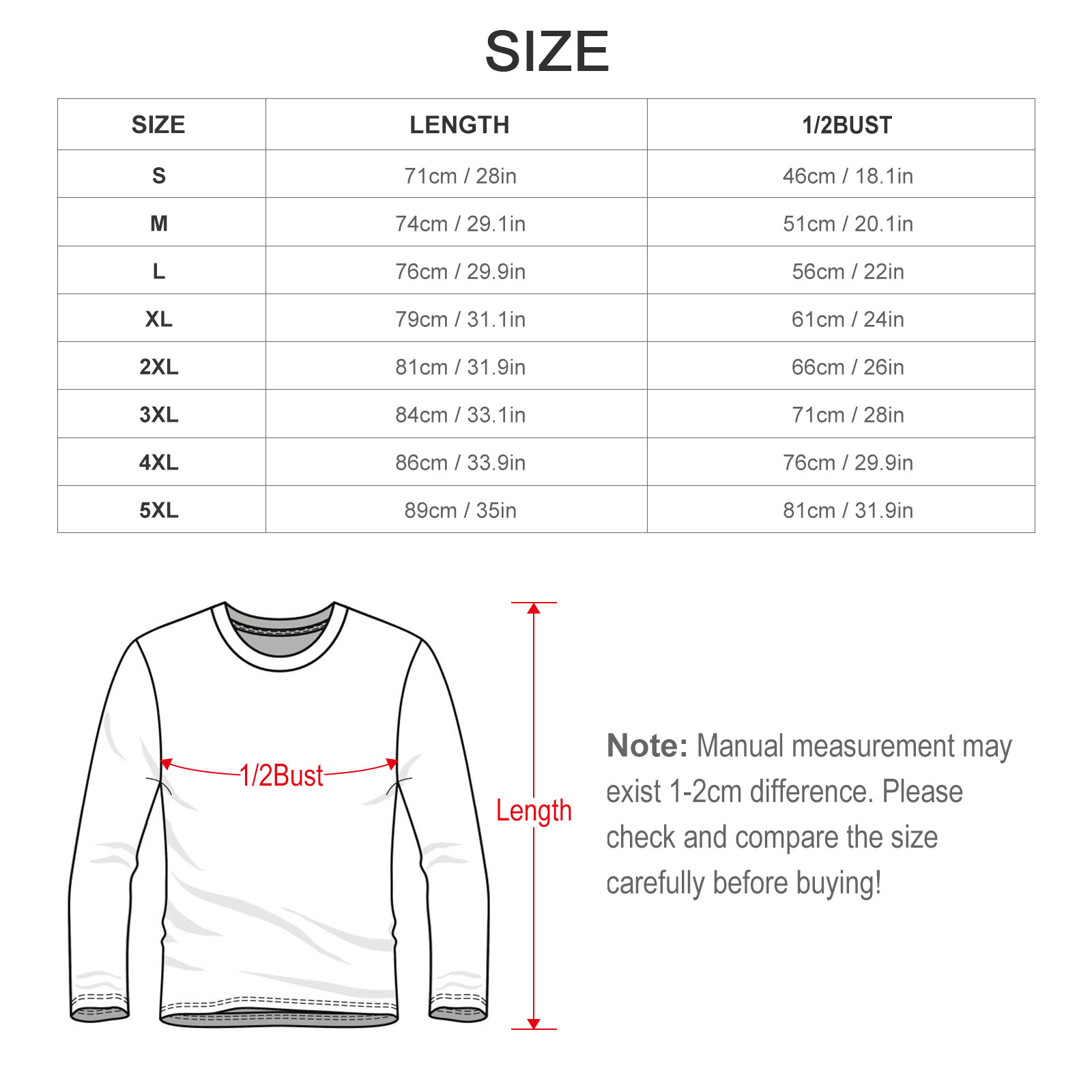 Size chart for pure cotton long-sleeved T-shirt, including length and 1/2 bust measurements, with a schematic diagram.