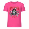 Pink cotton short-sleeved T-shirt with "AMERICAN LEGEND" gorilla graphic print, summer fashion.