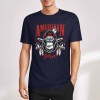 Dark blue cotton short-sleeved T-shirt with 'AMERICAN LEGEND' gorilla graphic print for men. Summer fashion.