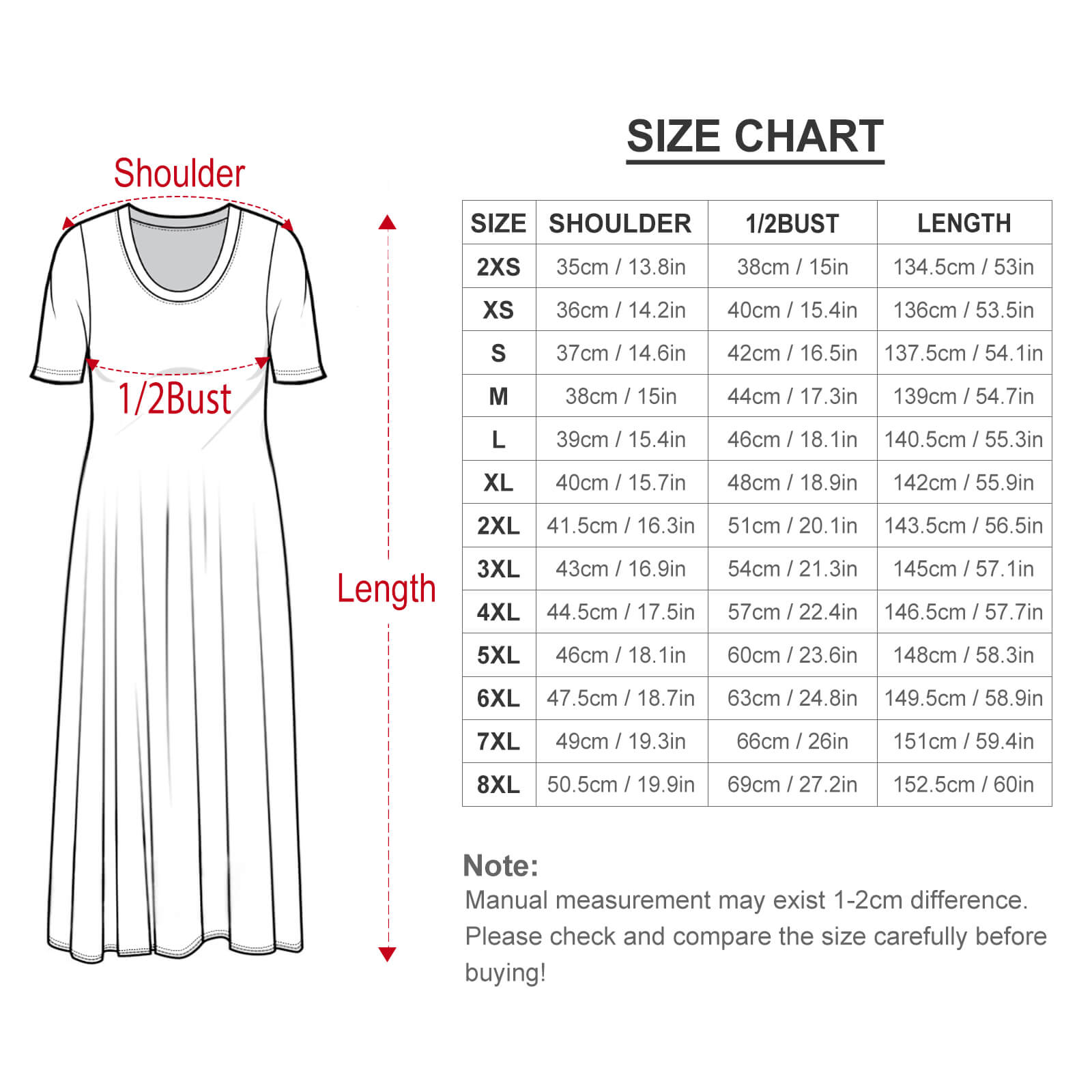 Size chart for round neck short sleeve dress, showing bust, waist, and length measurements.