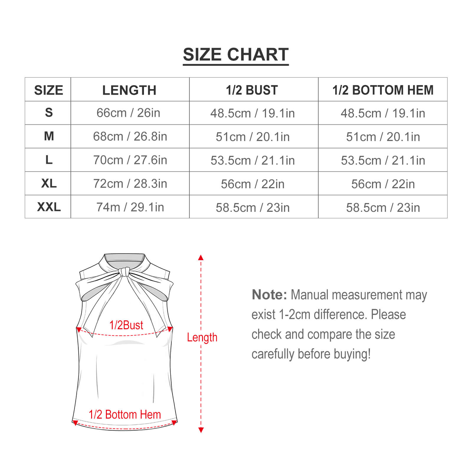Summer Sleeveless Top Size Chart with Measurements