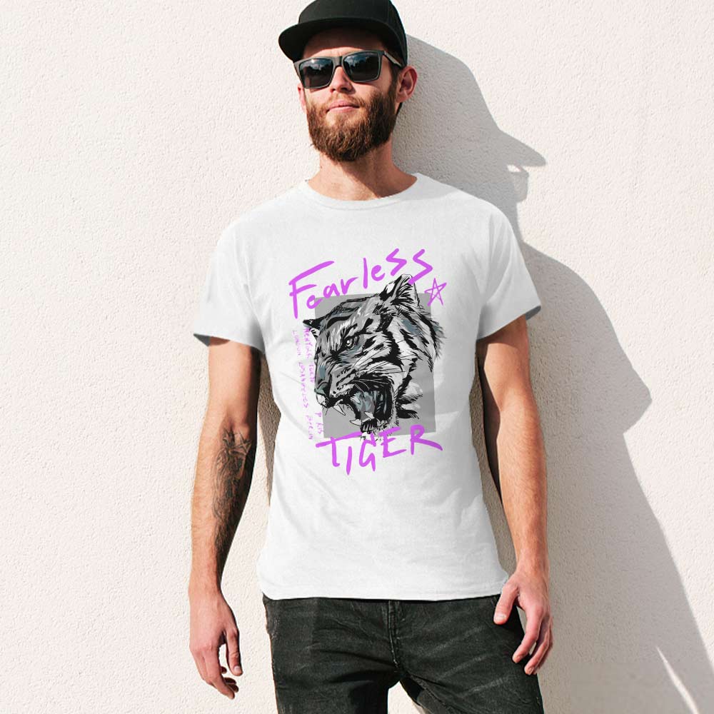 White cotton men's Fearless Tiger graphic T-shirt.  collection.