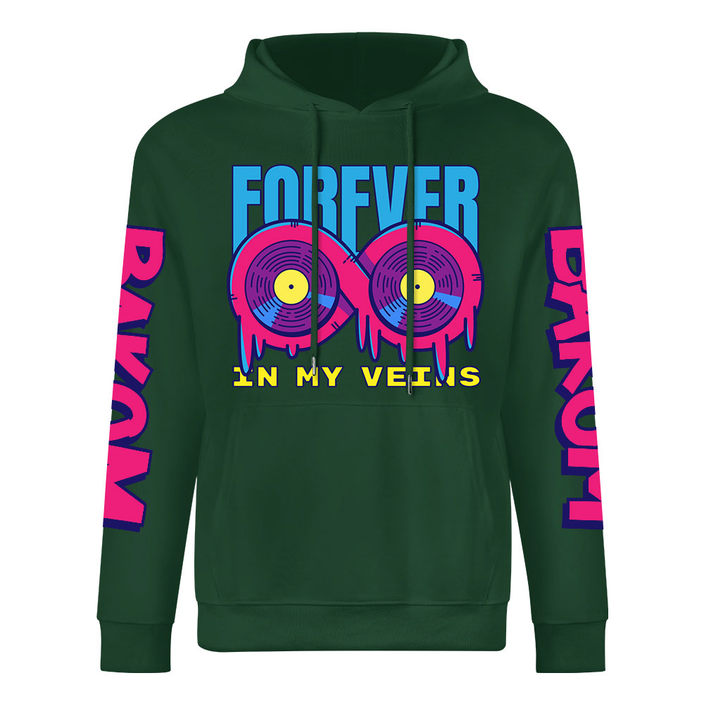 Green cotton hoodie with 'FOREVER' and donut graphic, sleeve prints, youth fashion style.
