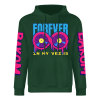 Green cotton hoodie with 'FOREVER' and donut graphic, sleeve prints, youth fashion style.