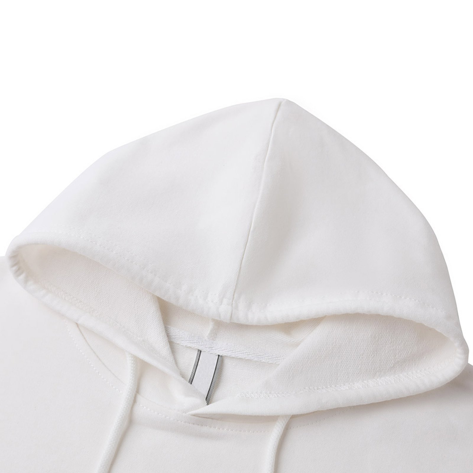 White hoodie sweatshirt detail, cotton blend, drawstring hood, comfortable for spring and autumn wear.