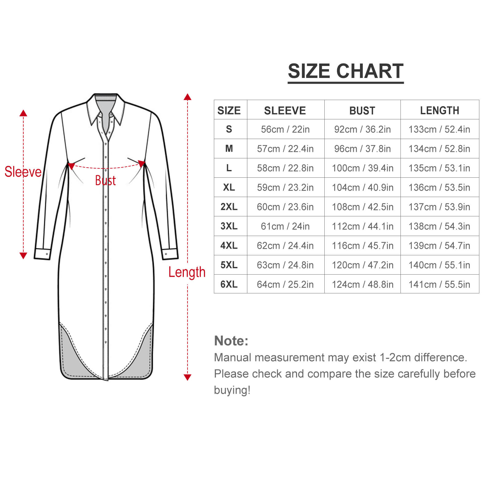Size chart for button neck long sleeve shirt dress, including bust, length, and sleeve measurements in cm and inches.