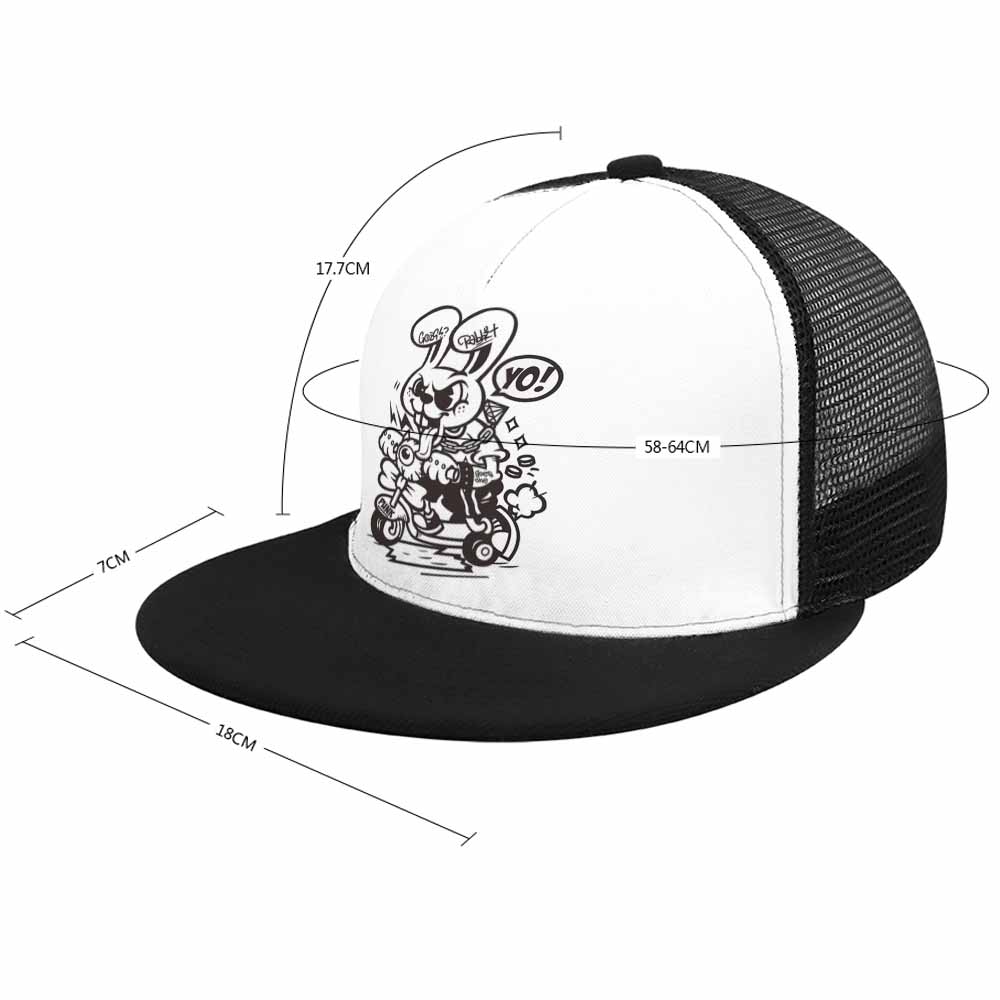 Black and white baseball cap with detailed dimensions, mesh back, and flat brim, suitable for outdoor sports.