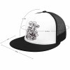 Black and white baseball cap with detailed dimensions, mesh back, and flat brim, suitable for outdoor sports.