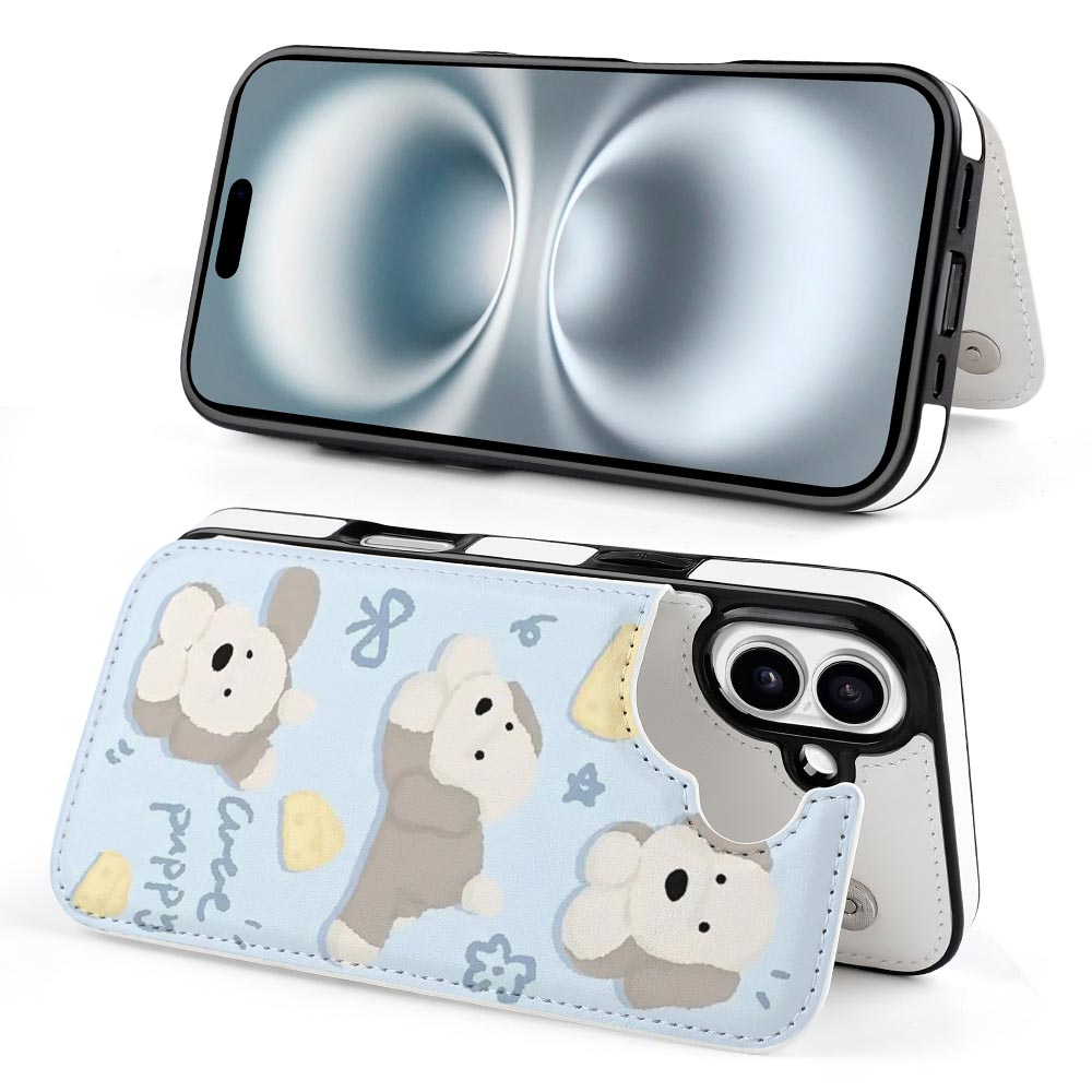 iPhone 16 case with card slot, cartoon bear design, TPU leather, 360° protection.