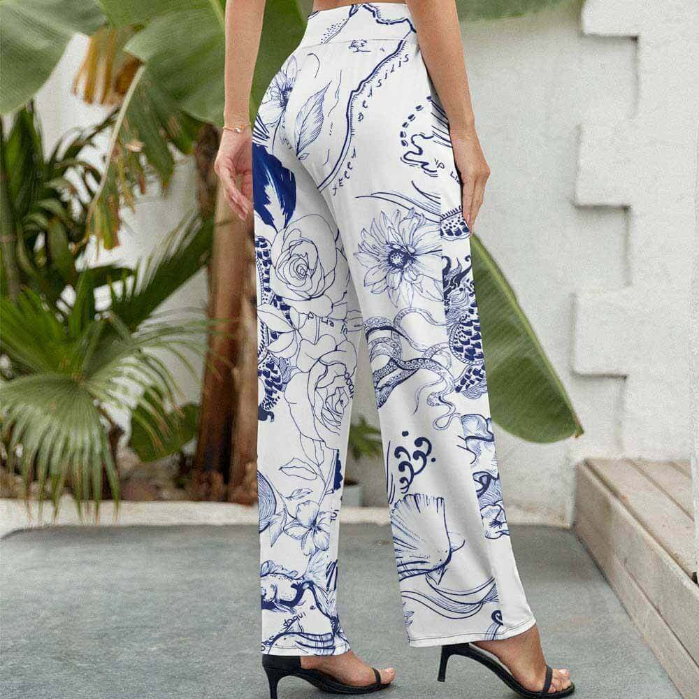 White and blue floral print wide leg pants with elastic waist for women, comfortable and fashionable