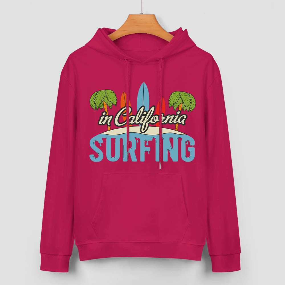 Hot pink California Surfing hoodie, loose fit, 100% cotton, suitable for daily wear.