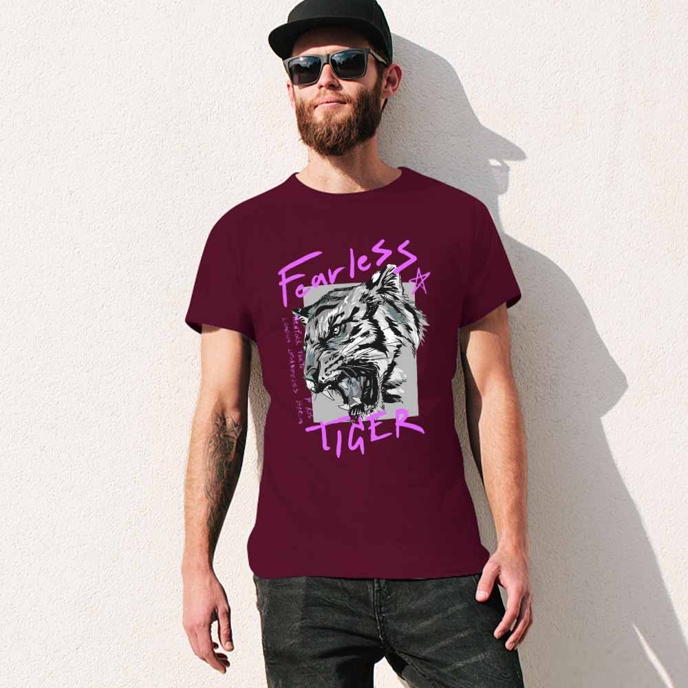 Men's burgundy 100% cotton 'Fearless Tiger' graphic tee, front view, collection.