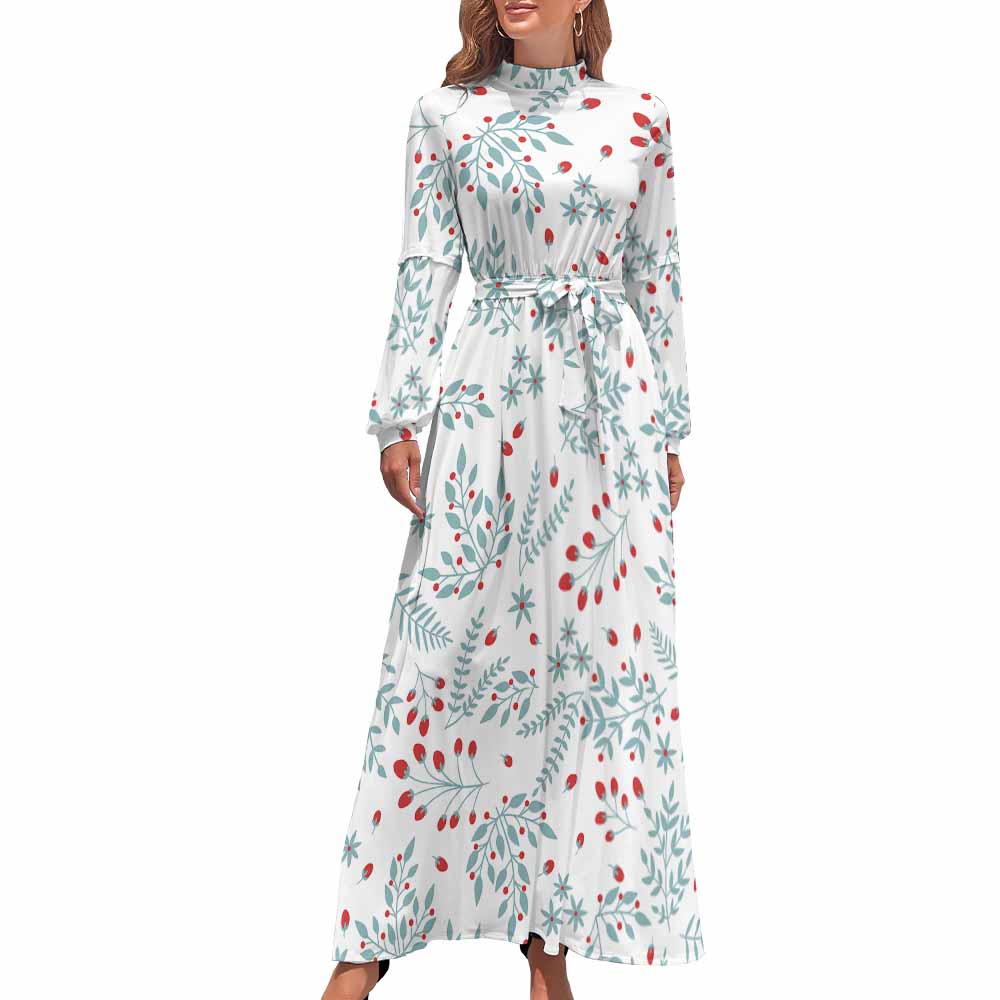 White floral long dress with high neck and long sleeves, party dress