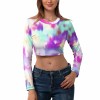 Women's tie-dye crop top with long sleeves in purple, teal and white, perfect for a casual and stylish summer look.