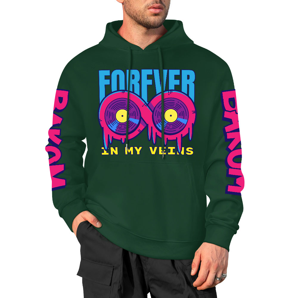 Green cotton hooded sweater with 'FOREVER 99' and donut graphic, youth fashion style